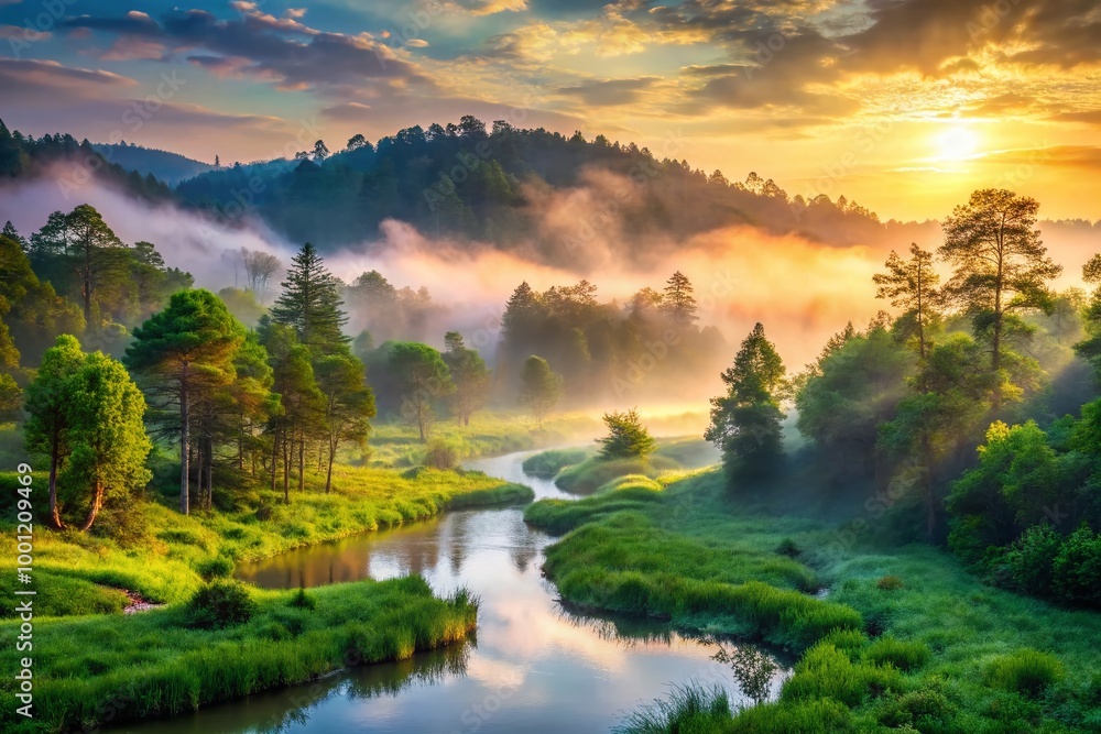 Fototapeta premium Misty dawn breaks over a serene forest landscape with towering trees, lush greenery, and a meandering stream, evoking