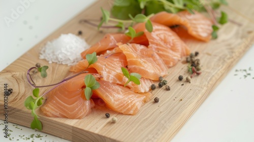 Freshly sliced raw salmon arranged artfully on a wooden board garnished with microgreens, salt, and pepper, ready to be served.