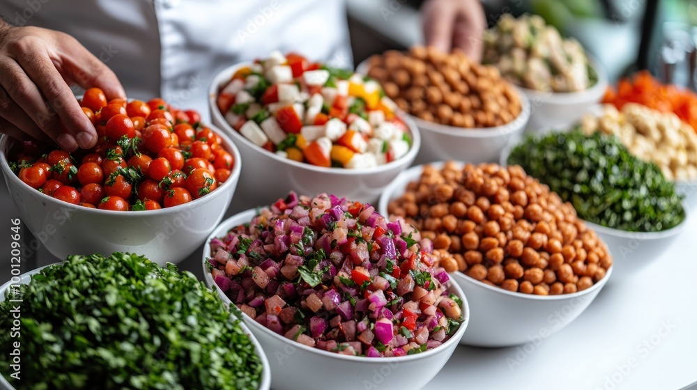Freshly chopped vegetables and salads await assembly for a delightful meal Freshly chopped vegetables and salads await assembly for a delightful meal
