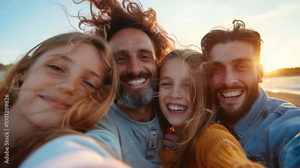 Obraz premium A happy group of friends take a selfie at the beach.