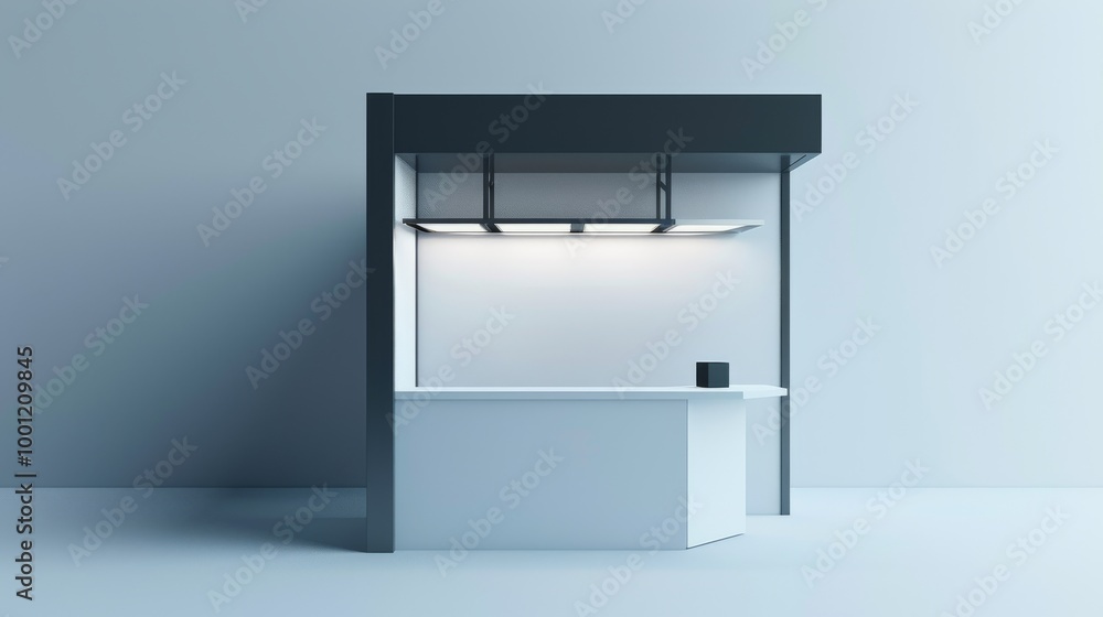 A minimalist kiosk with sleek black and white design stands in an empty, light-filled room, ready for use. A minimalist kiosk with sleek black and white design stands in an empty, light-filled room, ready for use.