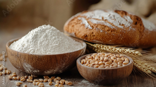 "A close-up featuring fresh bread, a bowl of flour, wheat grains, and wheat spikelets on a wooden table."