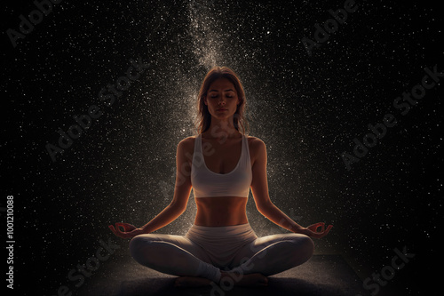 woman meditating front the universe