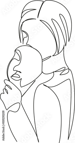 One continuous single drawing line art flat doodle theatre, mask, girl, performance, happiness, person, fun, actress, model, jealousy. Isolated image hand draw contour on a white background
