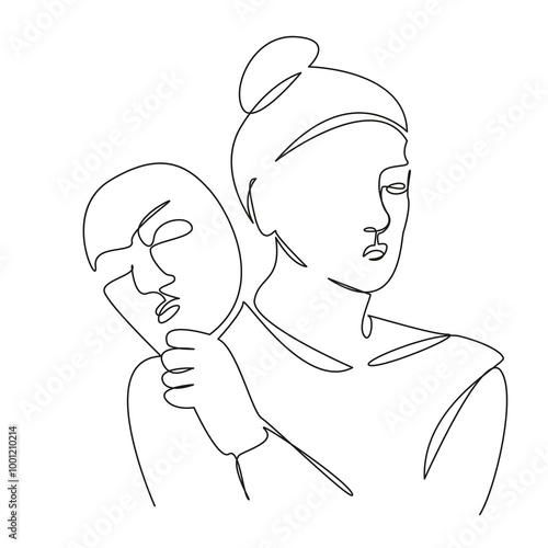 One continuous single drawing line art flat doodle females, girls, fun, childhood, playful theater, role playing, duplicity. Isolated image hand draw contour on a white background
 photo