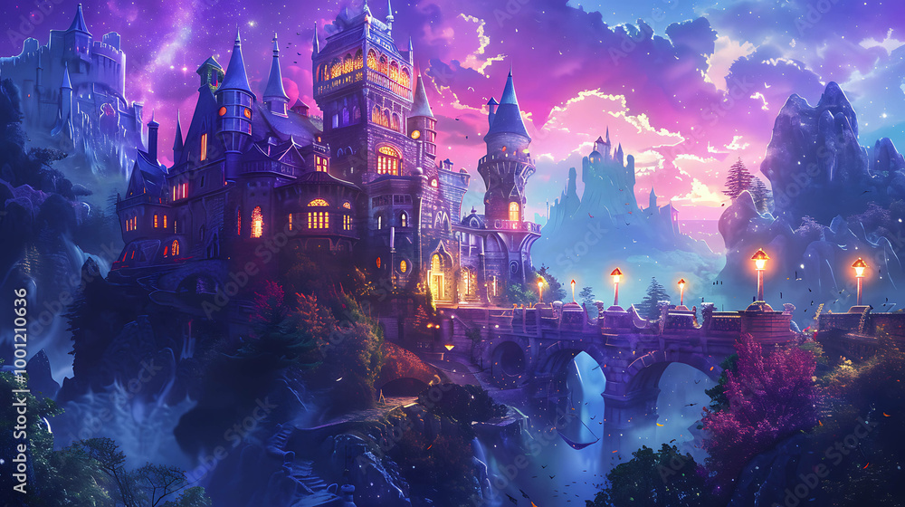 Obraz premium A magical castle perched atop a mountain, bathed in twilight.