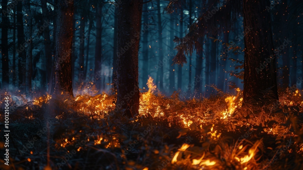 Flames fiercely consume a dense forest at night, creating a dramatic and destructive scene of wildfire and natural disaster. Flames fiercely consume a dense forest at night, creating a dramatic and destructive scene of wildfire and natural disaster.