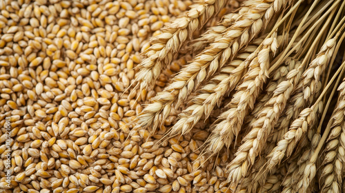 "A top view close-up of wheat grains alongside wheat ears." 