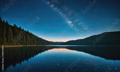 The Milky Way shines brightly over a calm lake surrounded by forested hills