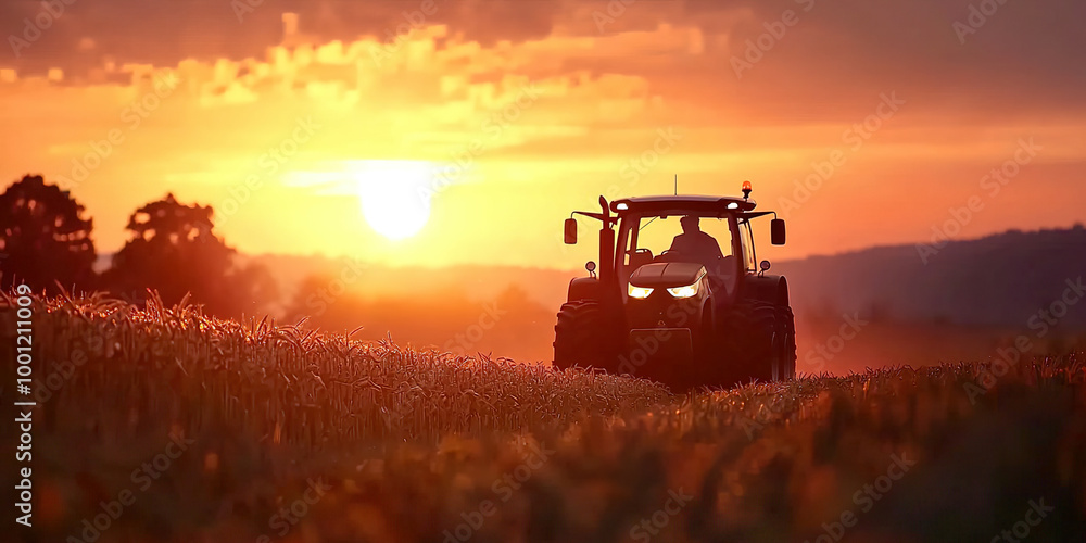 Fototapeta premium A tractor is driving through a field at sunset