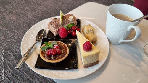 A plate of assorted desserts, including a chocolate tart with berries, a slice of cheesecake with a raspberry, a piece of chocolate with sprinkles, and a small pastry.