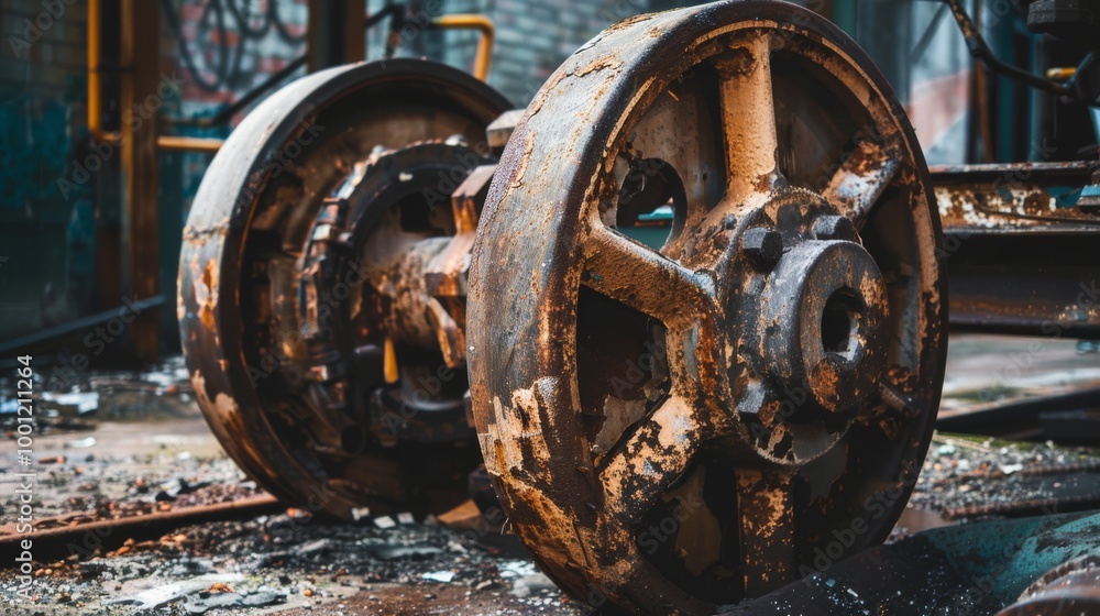 Rusty, old train wheels lie forgotten in an abandoned industrial site, showcasing the enduring textures of decay and time. Rusty, old train wheels lie forgotten in an abandoned industrial site, showcasing the enduring textures of decay and time.