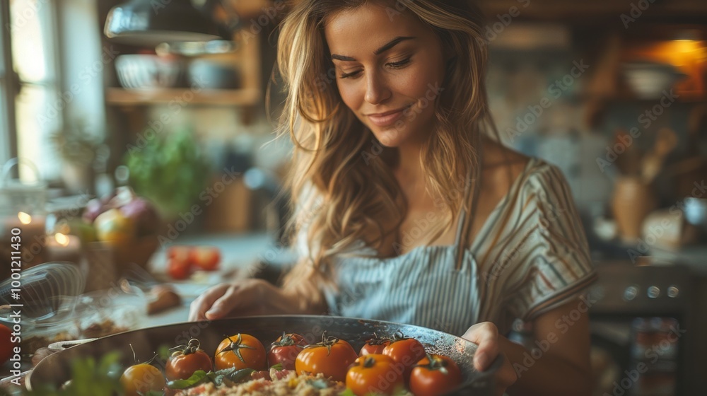 A woman is cooking in a kitchen with a bowl of tomatoes in front of her A woman is cooking in a kitchen with a bowl of tomatoes in front of her