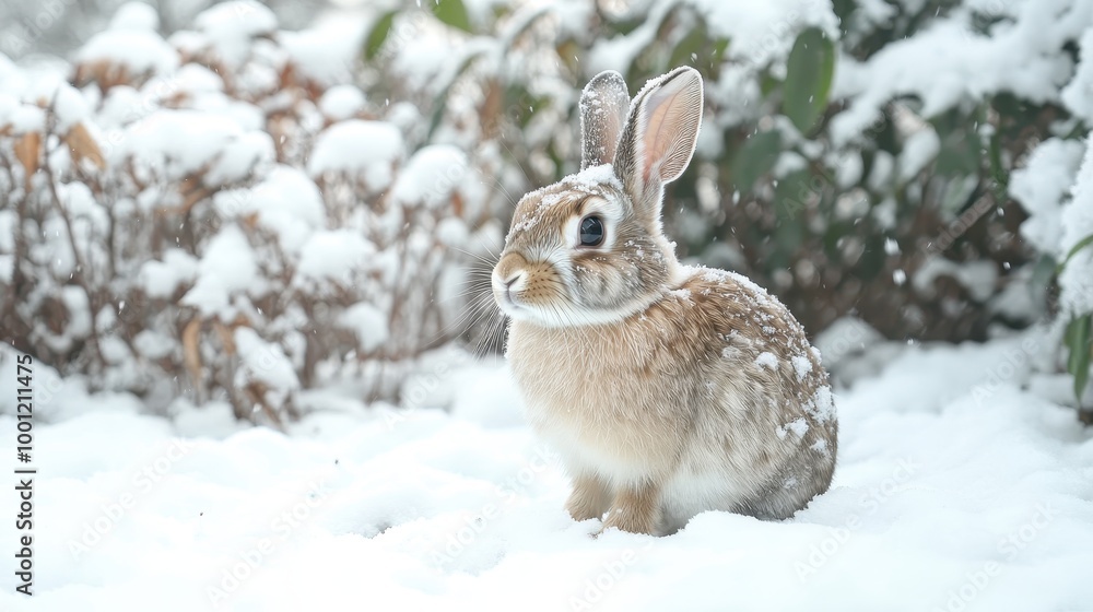 Cute Rabbit Sitting in Snowy Landscape with Frost Cute Rabbit Sitting in Snowy Landscape with Frost