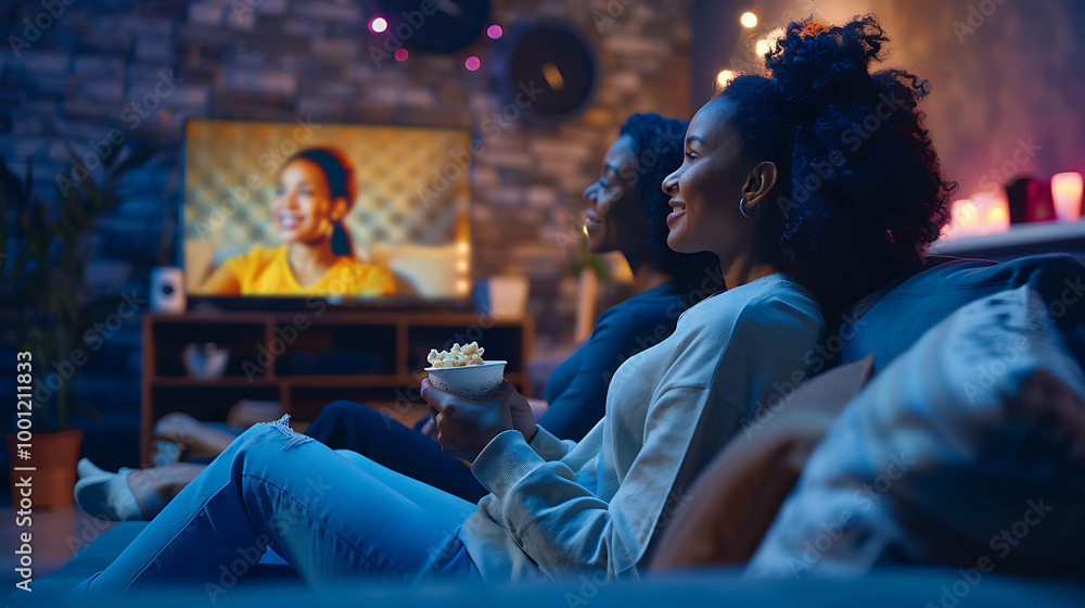 Two women watch TV with popcorn in a cozy living room. Two women watch TV with popcorn in a cozy living room.