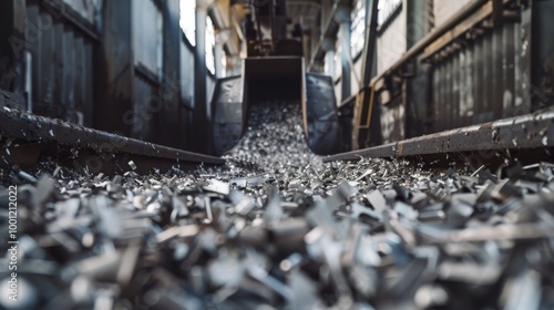 Conveyor belt filled with small metal scraps in an industrial setting, showcasing the grit and productivity of heavy machinery. photo