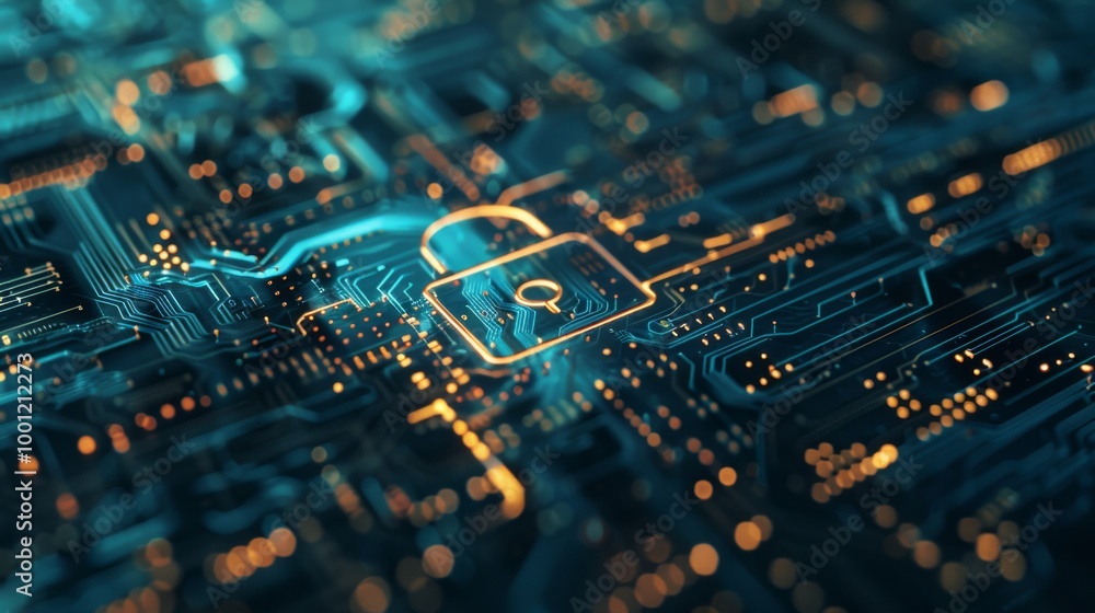 A secure padlock graphic highlighting cybersecurity amidst a complex, glowing circuitry background. A secure padlock graphic highlighting cybersecurity amidst a complex, glowing circuitry background.