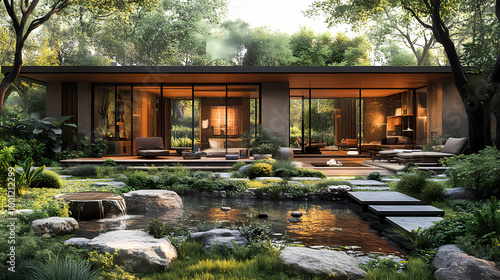 A 3D-rendered Feng Shui-inspired home with a harmonic