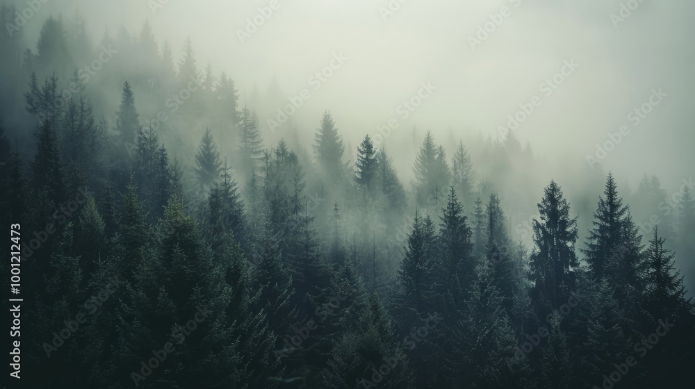 Naklejka premium Mist envelops dense evergreen trees, creating a mystical and serene forest atmosphere.