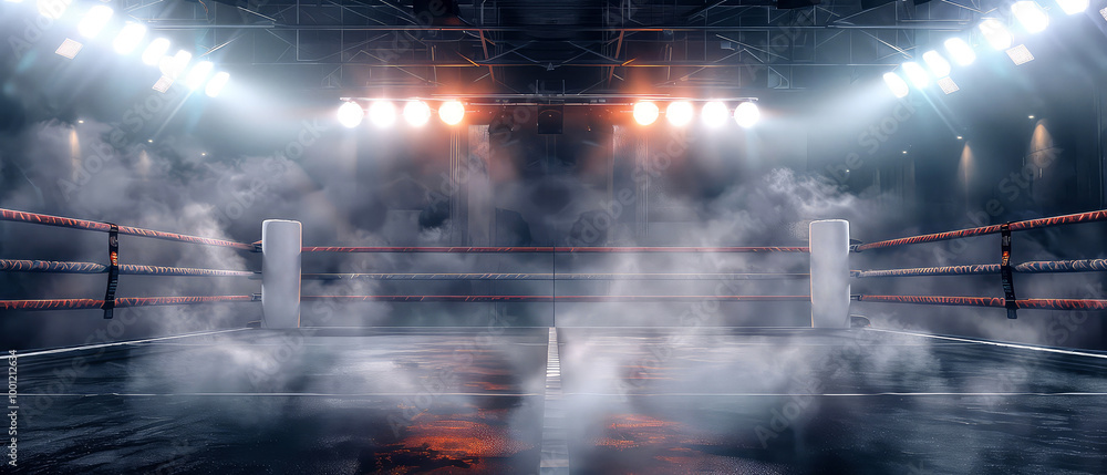 Fototapeta premium Empty boxing ring, box arena, octagon. Dramatic lighting, spotlights, steam effect. Mock up of professional sport event. Generative ai