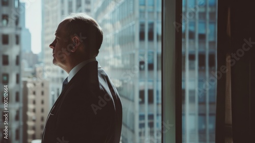 A contemplative man in a suit gazes out of a skyscraper window, surrounded by the urban landscape in the soft afternoon light.