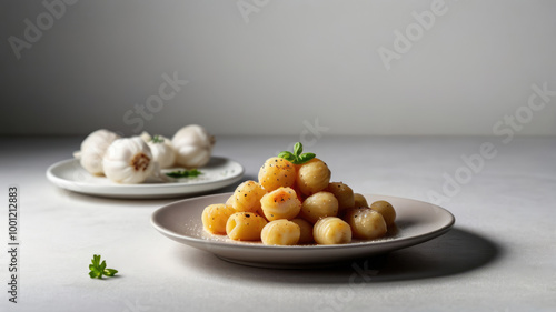 Tasty Homemade Italian Gnocchi Pasta on White Background with Blank Space for Text.