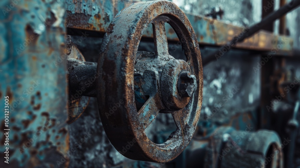 A close-up of a weathered, rusty metal wheel valve on an aged industrial machinery backdrop teeming with texture and history. A close-up of a weathered, rusty metal wheel valve on an aged industrial machinery backdrop teeming with texture and history.