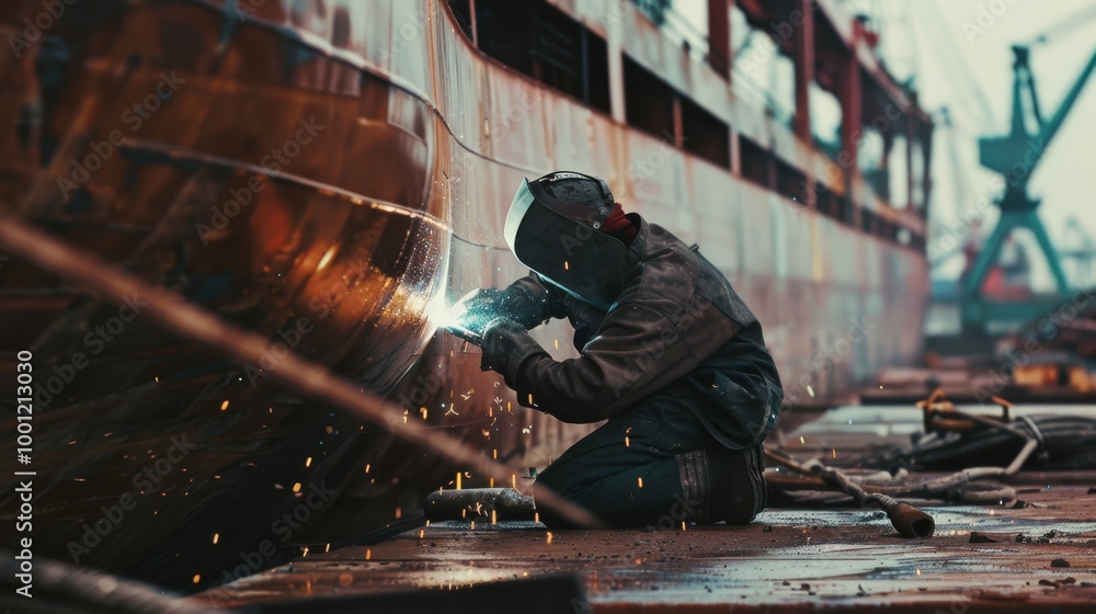 A welder working diligently on a large ship, with bright sparks flying, capturing the industrial grit and hard work of the scene. A welder working diligently on a large ship, with bright sparks flying, capturing the industrial grit and hard work of the scene.