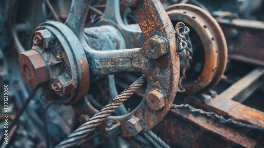 Close-up of weathered industrial machinery, showcasing an aged, rusted wheel and intricate details of a bygone era's engineering marvel. Close-up of weathered industrial machinery, showcasing an aged, rusted wheel and intricate details of a bygone era's engineering marvel.