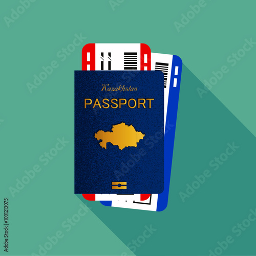 Vector passport with tickets. Air travel concept. Flat Design citizenship ID for traveler isolated. Blue international document - Kazakhstan