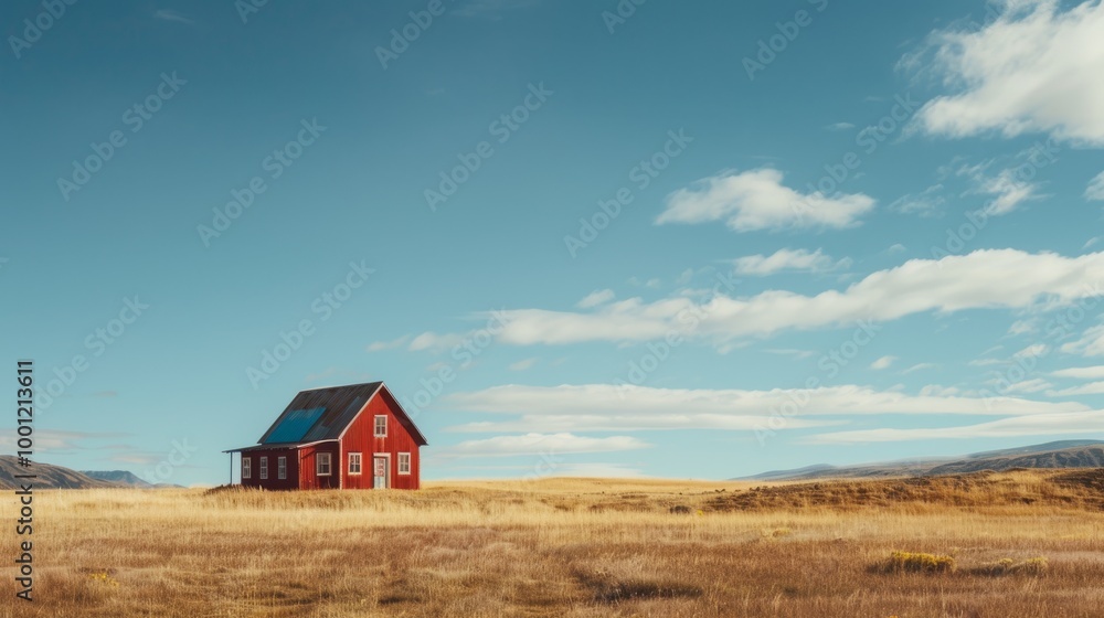 A solitary red house stands amidst a vast, golden field under a wide blue sky, symbolizing isolation and serene simplicity in an open landscape. A solitary red house stands amidst a vast, golden field under a wide blue sky, symbolizing isolation and serene simplicity in an open landscape.