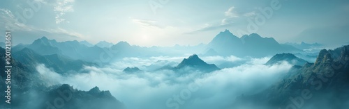 Floating island with pine trees and misty mountains in a dreamy sky