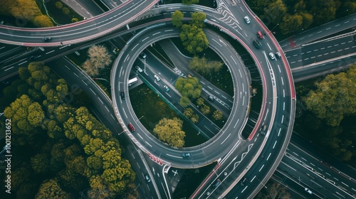 An intricate network of tangled highways and roads with constant movement, revealing urban dynamism and human ingenuity from a top-down view.