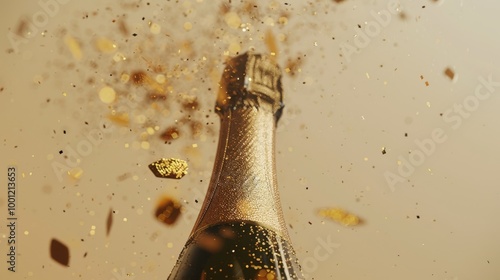 Elegant champagne bottle against a confetti showered background, evoking a sense of celebration and sophistication.