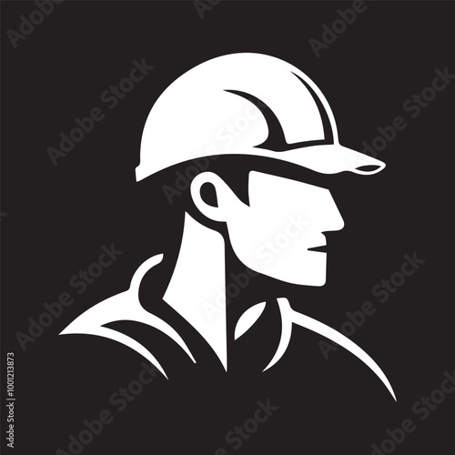 worker in uniform builder construction site with helmet simple logo black and white isolated icon vector stamp style business purpose company engineer silhouette tattoo style 