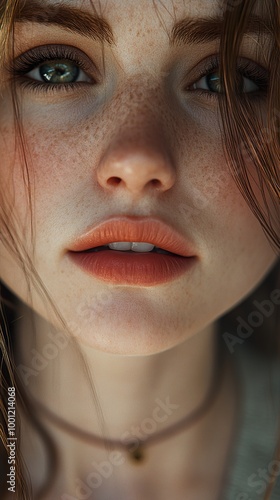 Close-Up Portrait of a Woman with Freckles and Green Eyes