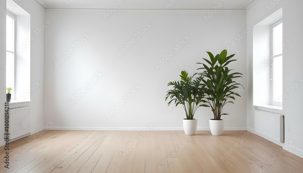 A minimalist white room with a wooden floor and a potted plant. A minimalist white room with a wooden floor and a potted plant.