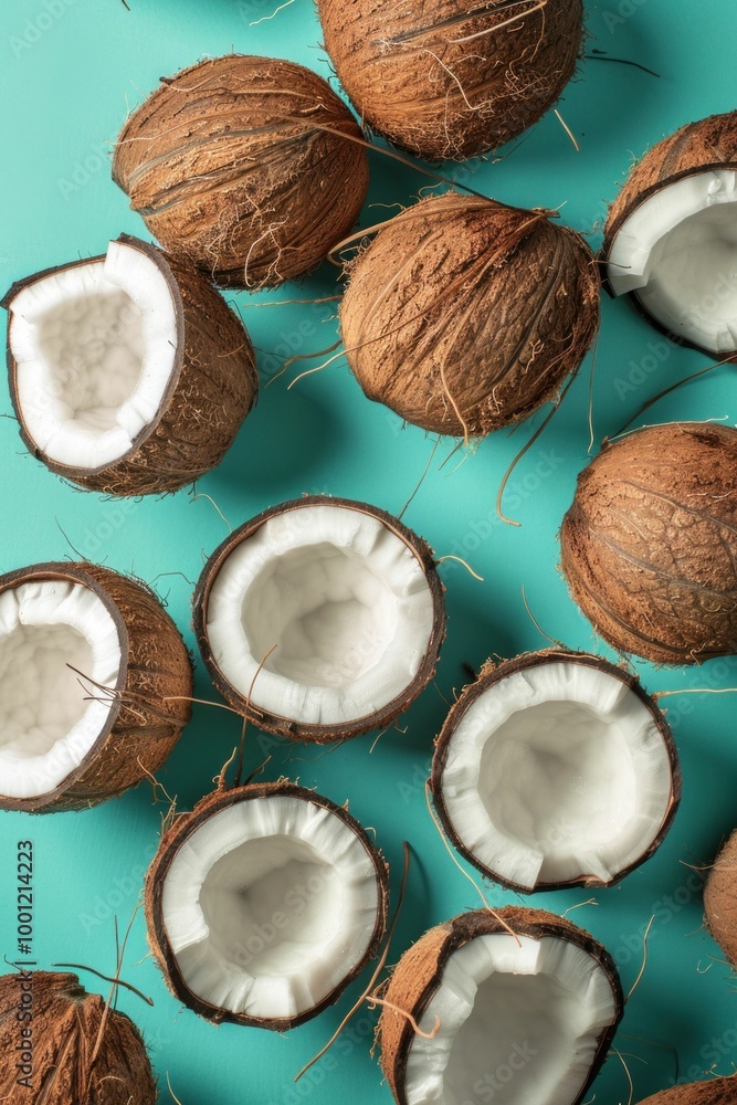 Whole and halved coconuts on a teal background, showcasing their brown shells and white flesh, creating a fresh and tropical vibe Whole and halved coconuts on a teal background, showcasing their brown shells and white flesh, creating a fresh and tropical vibe