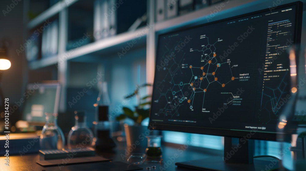 A computer screen displaying complex data and diagrams in a modern lab, reflecting scientific research and advanced technology. A computer screen displaying complex data and diagrams in a modern lab, reflecting scientific research and advanced technology.