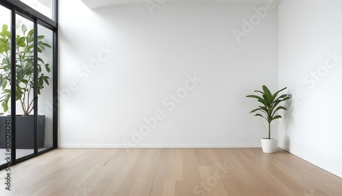 A minimalist white room with a wooden floor and a potted plant.