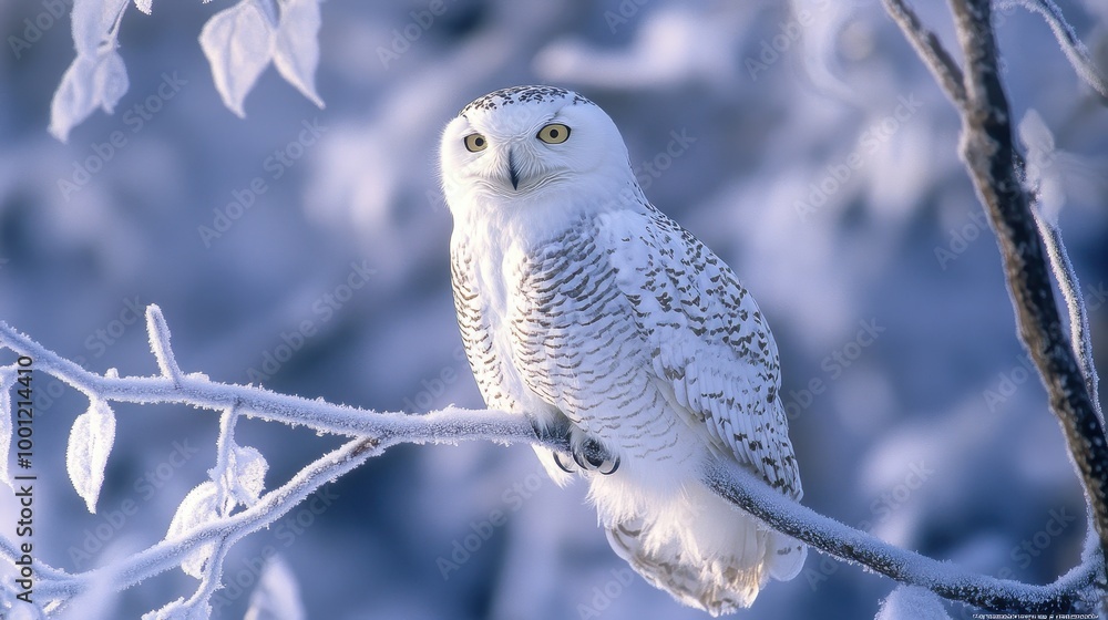 Snowy Owl Perched on a Frosty Tree Branch Snowy Owl Perched on a Frosty Tree Branch