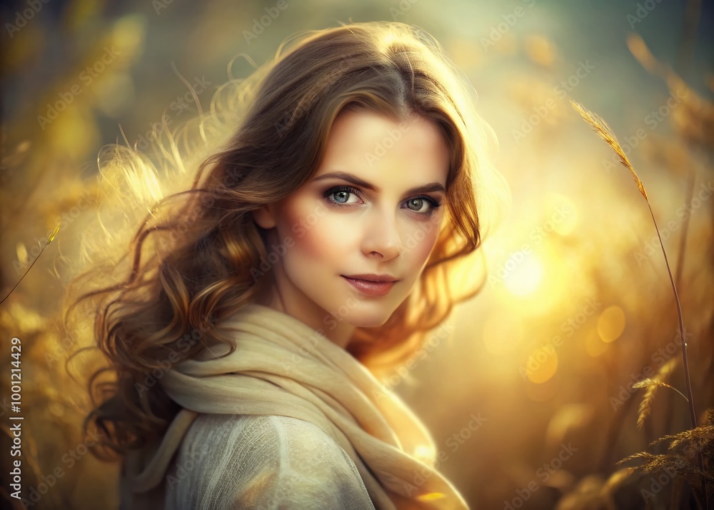 Mysterious, enigmatic female portrait with an subtle, knowing smile set against a dreamy, soft-focus, Mysterious, enigmatic female portrait with an subtle, knowing smile set against a dreamy, soft-focus,