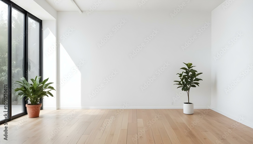A minimalist white room with a wooden floor and a potted plant. A minimalist white room with a wooden floor and a potted plant.