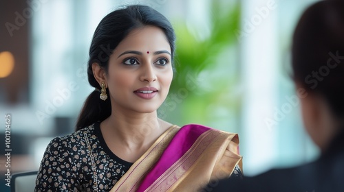 Portrait of a confident indian business woman in coversation with team members | Boss lady | Woman Boss meeting | Woman employee in saree at office | Ethnic wear in office photo