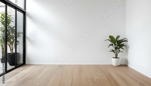 A minimalist white room with a wooden floor and a potted plant.