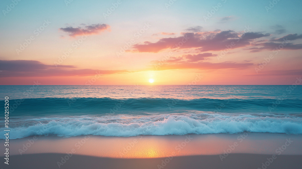 serene sunset over ocean, with gentle waves lapping at sandy shore. sky is painted in soft hues of pink and orange, creating tranquil atmosphere. serene sunset over ocean, with gentle waves lapping at sandy shore. sky is painted in soft hues of pink and orange, creating tranquil atmosphere.