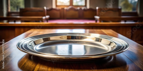 Church collection plate with silver tray for donations and contributions in worship service