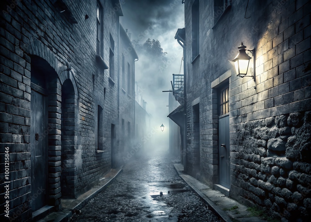Obraz premium Ominous dark gray-black misty fog envelops a desolate, dimly lit abandoned alleyway with crumbling walls, eerie