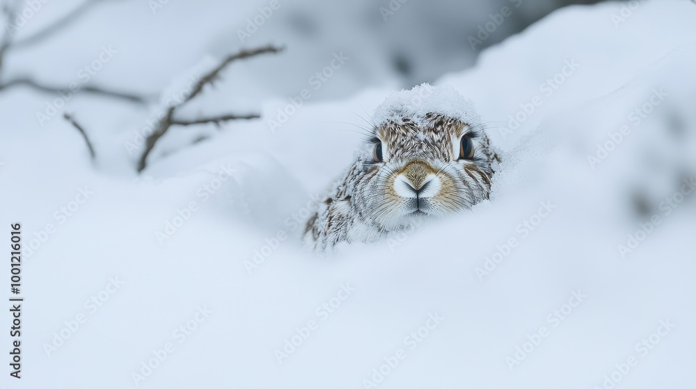 Obraz premium Camouflaged Hare in the Snowy Landscape