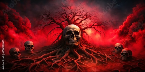 Ominous dark red and black gradient background with eerie fog, twisted roots, and subtle skulls, evoking a sense photo